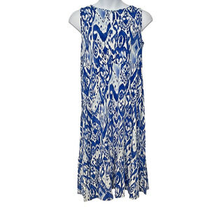 Chico's Sz 3P XL Petite Maxi Tank Dess Keyhole Neck Ruffle Hem Blue Ikat Beachy